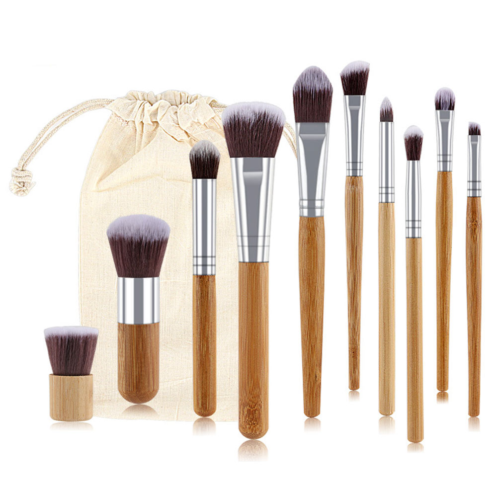 10 Χειροποίητα πινέλα μακιγιάζ bamboo Σετ Πινέλα Bamboo+λινή θήκη αποθήκευσης